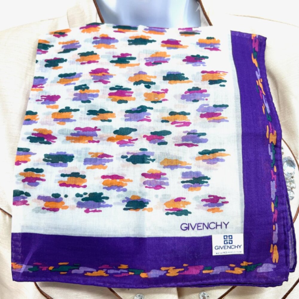New Tag 2 Handker/MiniScarf 18" Givenchy & Guys Lanoche Purple Green Flora(31) - Picture 3 of 8